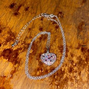 Pave Rhinestone Heart Necklace Silvertone Pendant